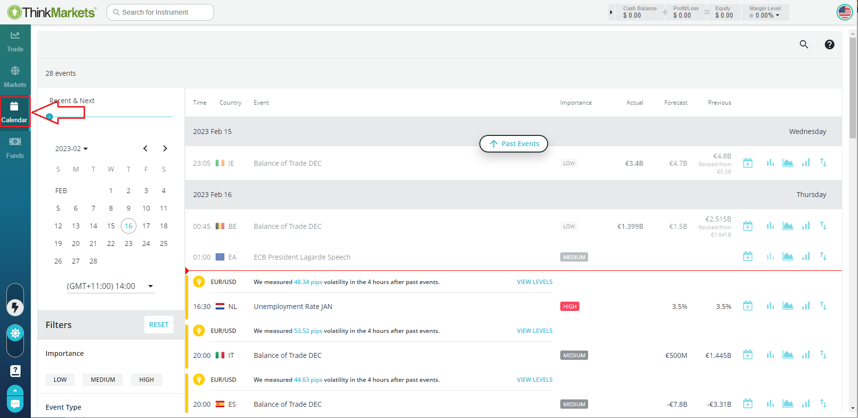 Calendar tab on ThinkTrader