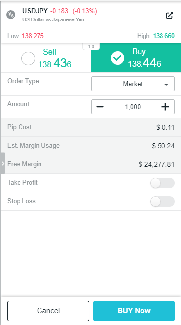 Trade ticket on ThinkTrader