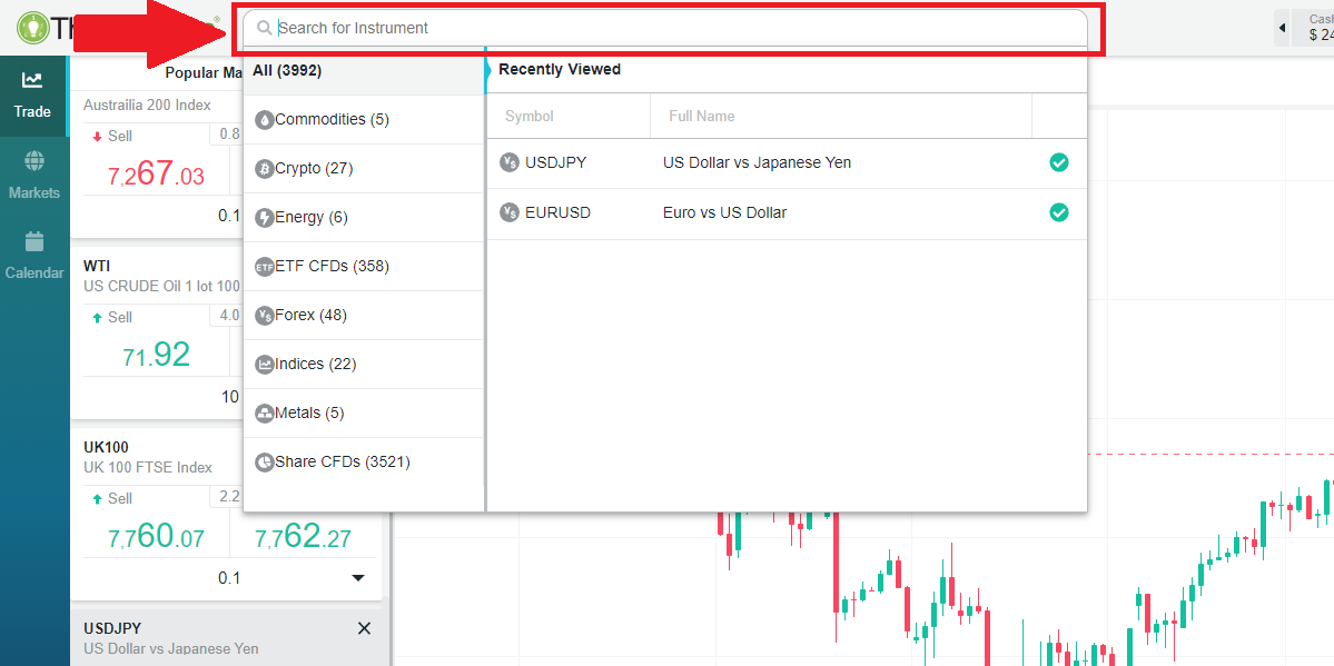 search for an instrument on ThinkTrader web