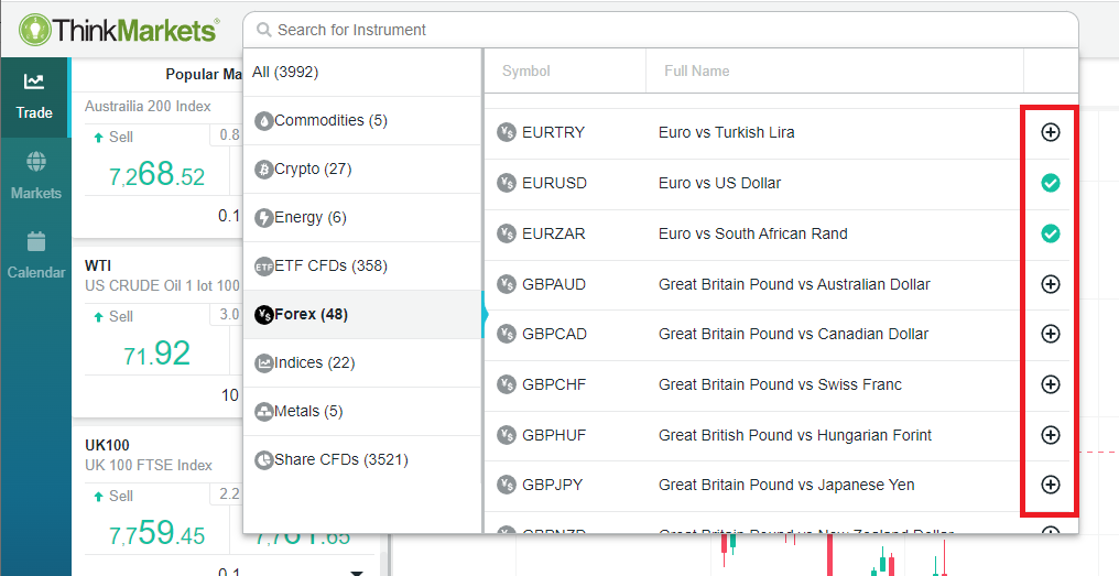 instrument searching on ThinkTrader web